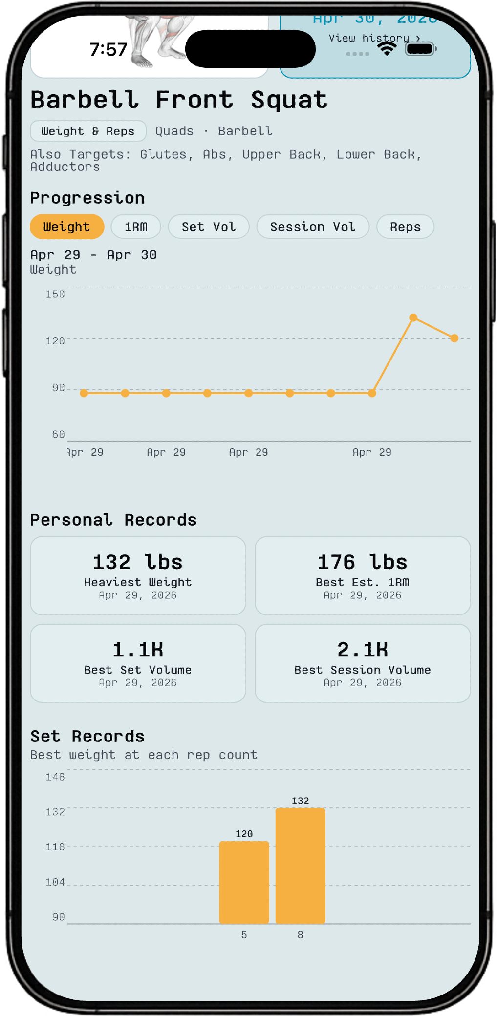Setora exercise detail screen showing progression charts and personal records