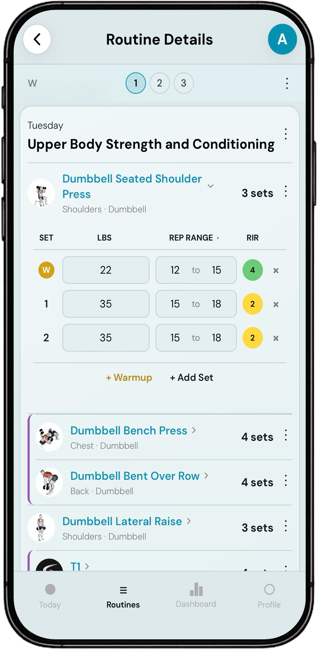 Setora routine details screen showing a structured training day